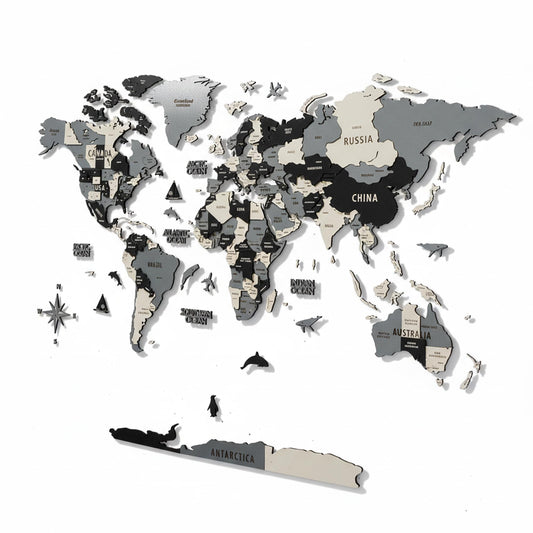 Colorfull Worlds 3D Wooden World Map Wall Art | Unique Wall Decor with Pins for Travel Enthusiasts | Home and Office Wall Décor | Grey | Medium