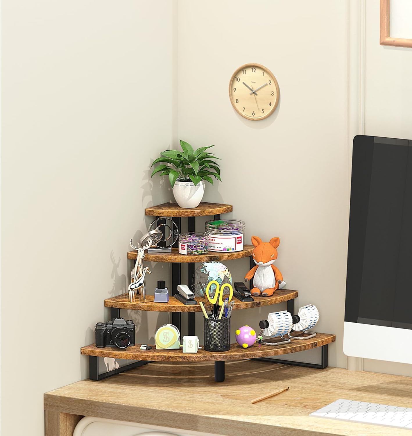 ELITEROO Tiered Display Stand, Wooden Display Risers, 4 Tier Display Shelf for Vendors Retail Craft Show Market, Table Top Display Rack for Cupcakes Perfume Figures Candles Makeup, Curved Corner