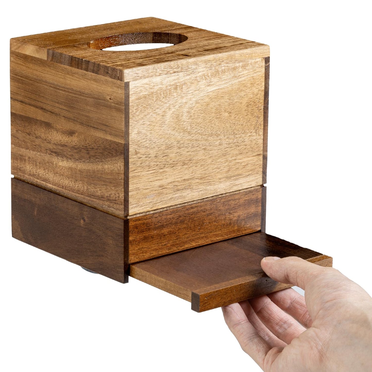 MyGift Premium Dual Tone Solid Acacia Wood Square Bathroom Facial Tissue Box Dispenser Holder Cover with Slide-Out Bottom Panel, 5.5 x 5.5 x 6.3 Inches