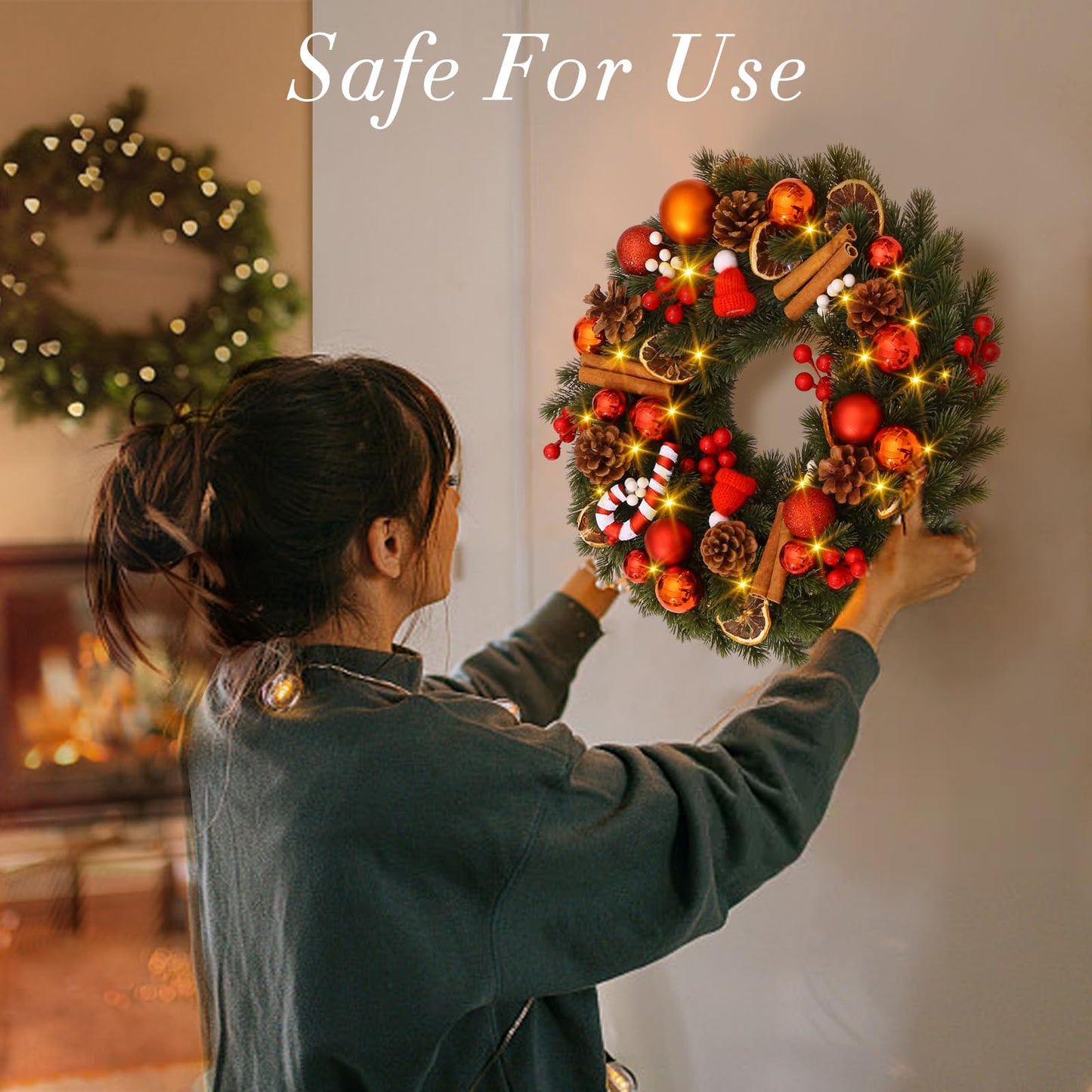 Quntis 16 Inch Christmas Wreath with 40 Lights 8 Modes, Lovely Christmas Door Wreath Decorations Artificial Xmas Wreath with PineCones Dried Lemon Pieces, Winter Wreaths Outdoor Porch Fireplace Window