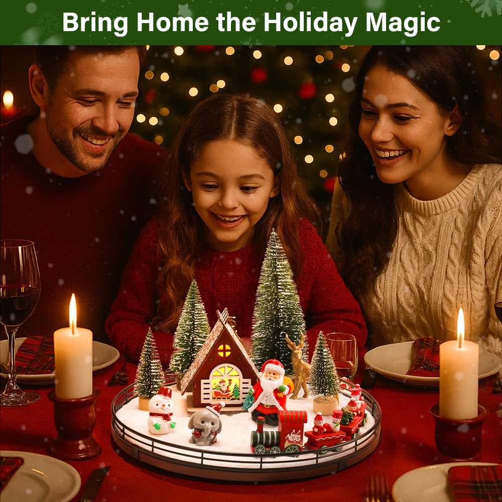 AMH 12 PCS Christmas Table Decorations Set with Oak Rotating Base – Xmas Town Village Centerpiece with Santa, Train, House, Trees & Figurines, Tabletop Decorations for Holiday Dining & Coffee Tables