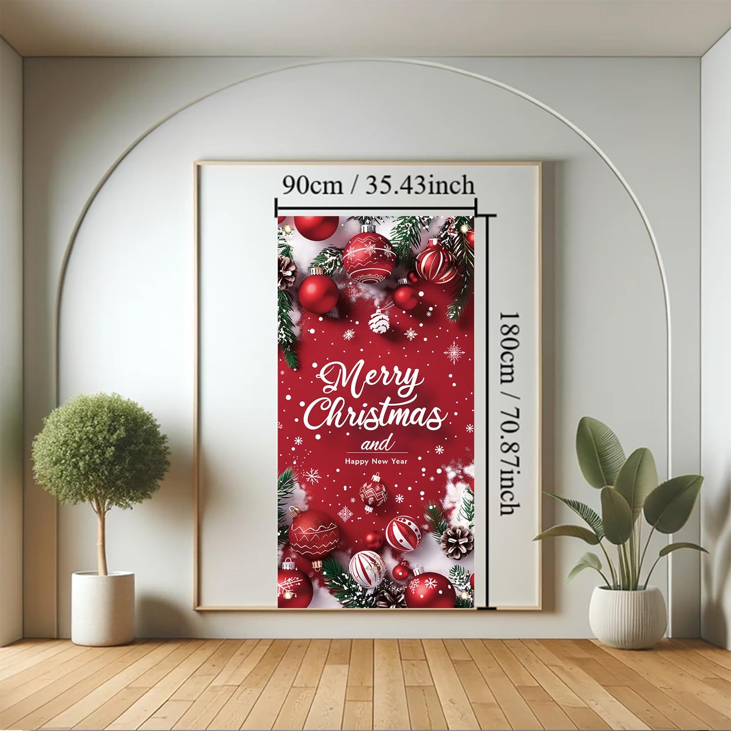 Saoplasa Merry Christmas Door Banner Happy New Year 35x71 Inch Red Christmas Front Door Cover with Snowflakes and Lettering for Xmas Winter Seasonal Holiday Party Porch Wall Hanging New Year Entryway Decoration