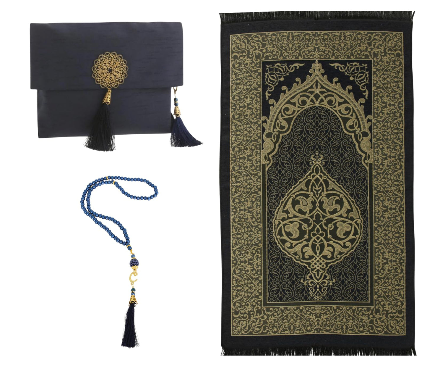 Prien Muslim Prayer Rug with Tasbih and Portable Bag, Muslim Gift for Women Men, Mubarak Islamic Box, Soft Mat Islam Gifts Set, Turkish Sajadah for Ramadan, Eid, Hajj, Travel, Pray (Navy Blue)