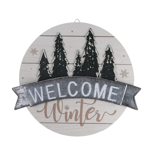 Sfozstra Winter Welcome Sign - Elegant Front Door Decorative Welcome Sign, Hangable Outdoor Decoration, Christmas & Thanksgiving Gift. Iron Door Hanging (White)