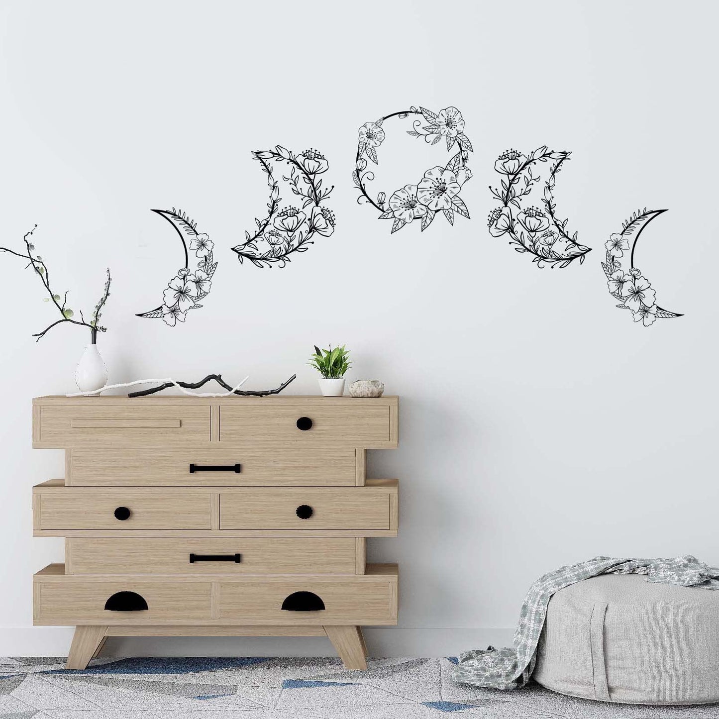 SUPERDANT Moon Phase Wall Decor Flowers Vine Wall Stickers Moon Shape Peel and Stick Art Decor DIY Vinyl Murals Window Cling Decals for Girl's Room Study Room Livingroom Bedroom Decoration