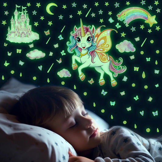 Glowing Unicorn Wall Stickers Unicorn Castle Wall Stickers with Rainbow, Butterflies, Clouds, Moon, and Stars Removable Wall Decorations Suitable for Bedroom, Classroom, and Playroom Wall Decor
