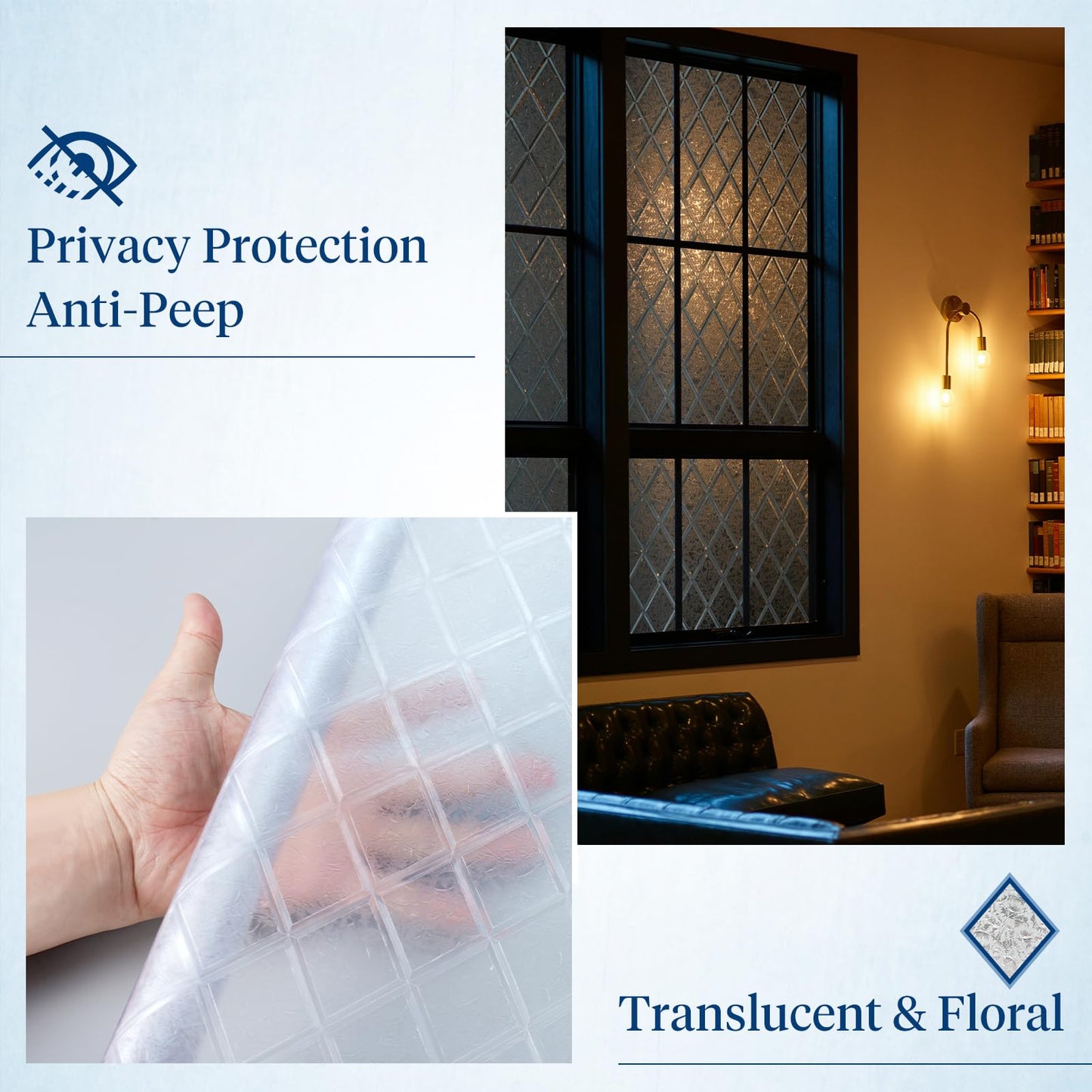 Haton Window Privacy Film Decorative Frosted Glass Window Film, Sun Blocking Stained Glass Clings, Static Cling Removable Stickers for Home Door Coverings, Lattice Pattern 17.5" x 78.7"