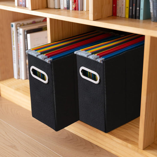 ComfortKeeper 2 Packs Letter Size File Organizer, File Folders Organizer, Fabric Storage Box, Collapsible Paper Organizer with Metal Handle, Smooth PVC Rails, Only Box (Black)