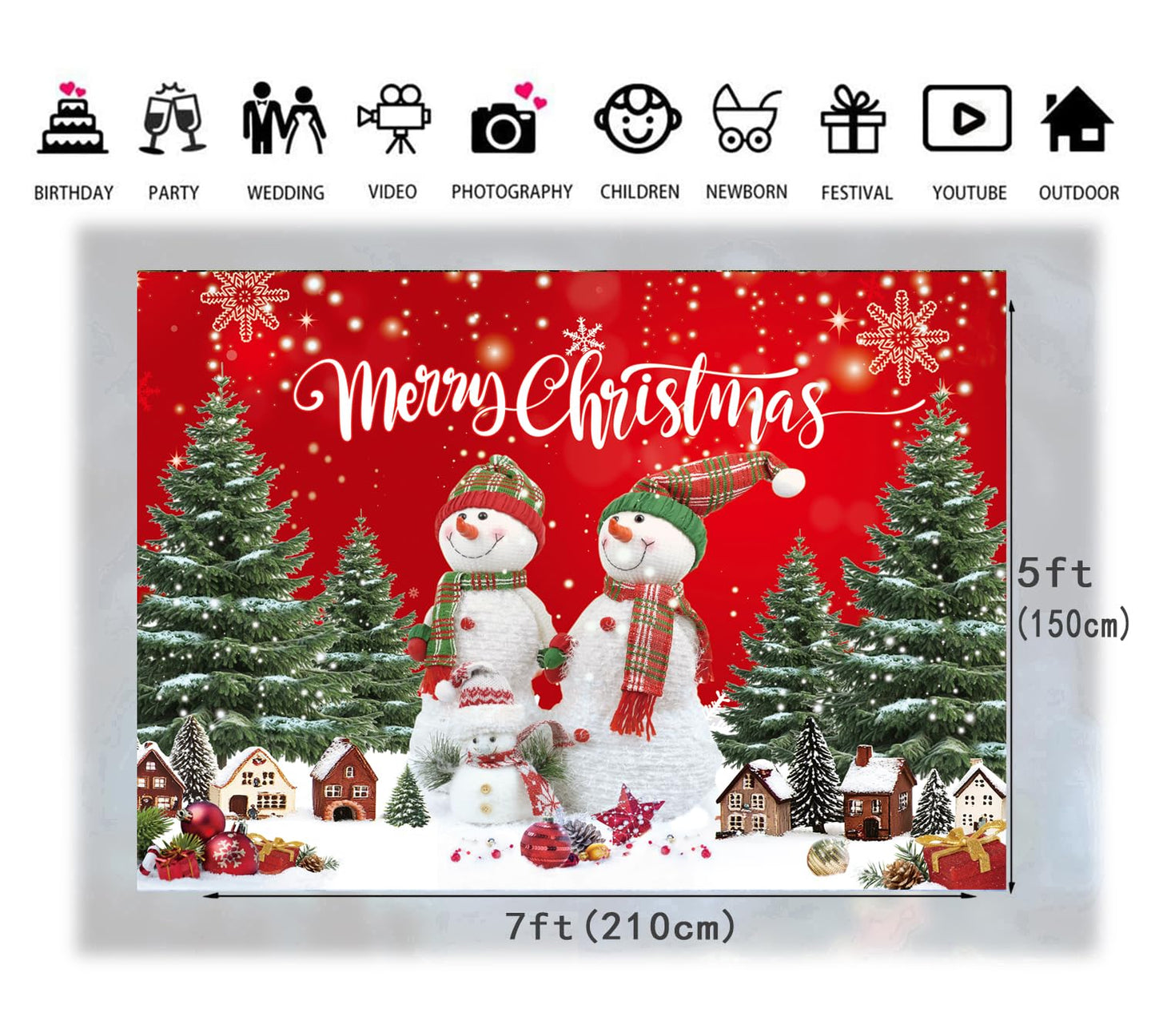LTLYH 7x5ft Christmas Photography Backdrop Merry Christmas Snowman Backdrop Red Winter Wonderland Background with Trees and Houses for Photography Holiday Party Decorations 288