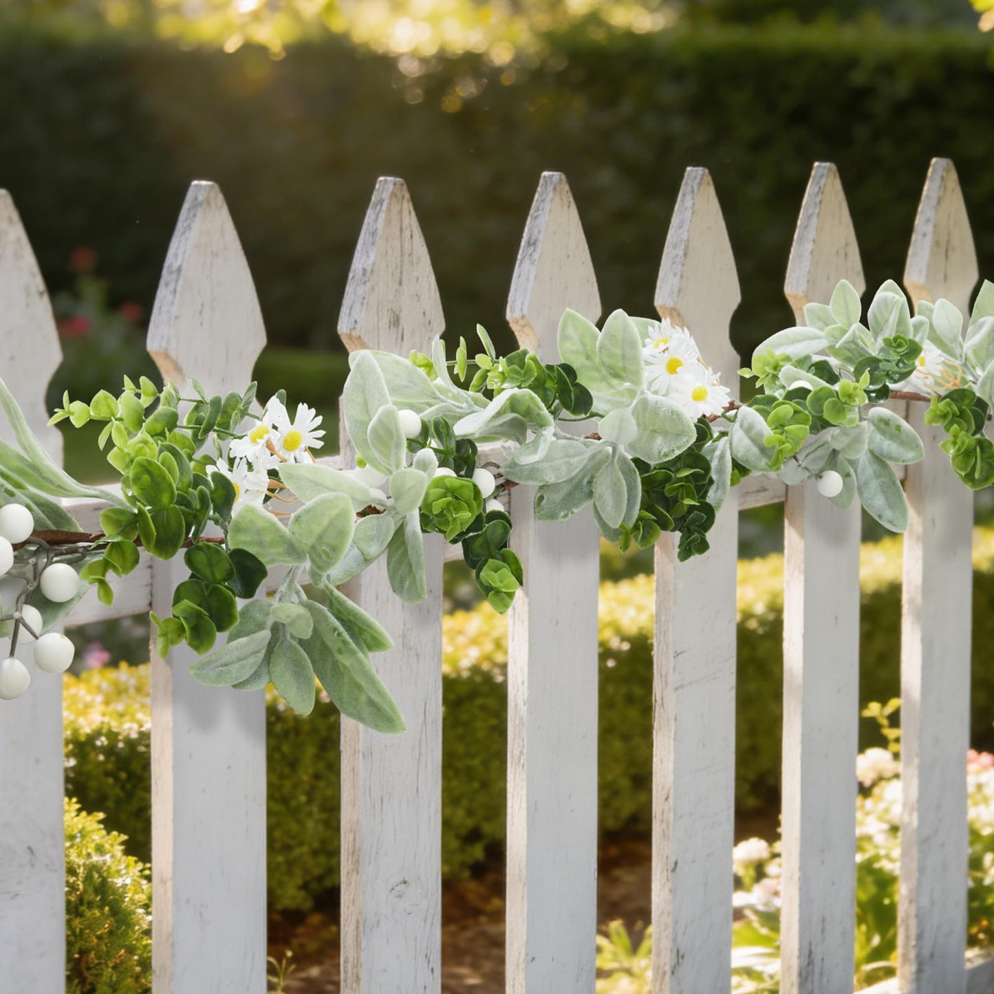Artificial Eucalyptus Garland 6FT with Flowers & White Berries – Faux Greenery Garland for Spring Wedding Mantle Table Indoor Outdoor Home Decor