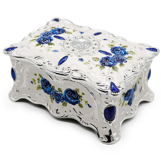 AVESON Luxury Vintage Rectangle Metal Alloy Jewelry Box Trinket Organizer Storage Box with Rose Pattern for Women, Girls, Two-Layer Design, White & Blue, Large