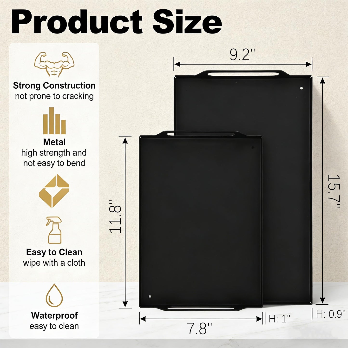 Peohud 2 Pack Black Metal Serving Tray, Decorative Coffee Table Tray with Handles, Vanity Platter Breakfast Tray for Eating, Storing, Bedroom, Kitchen, Living Room, Bathroom