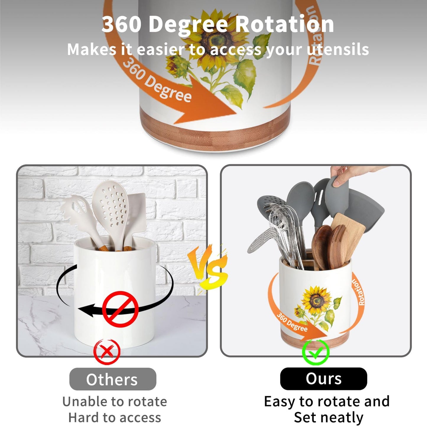 HAPPY KIT 7.6″ Extra Large Kitchen Utensil Holder, 360° Rotating Utensil Holder for Kitchen Counter with 3 Removable Compartment, Housewarming Gift & Farmhouse Decor(Sunflower)