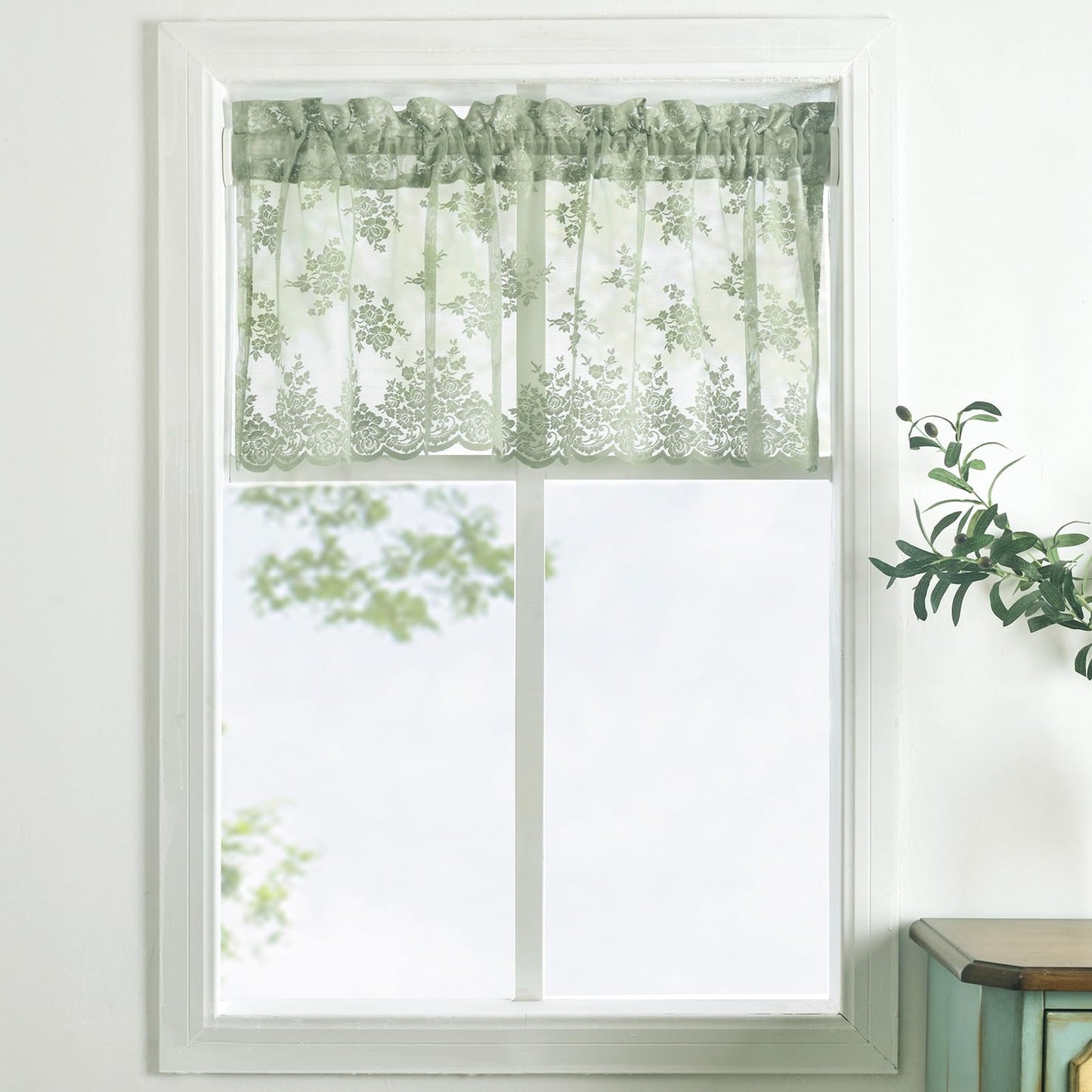 Kotile Light Sage Green Sheer Valance Curtain for Windows, Rustic Floral Muted Green Window Lace Curtain 18 Inch Length, Rod Pocket Light Filtering Valance, 52W x 18L Inch, 1 Panel