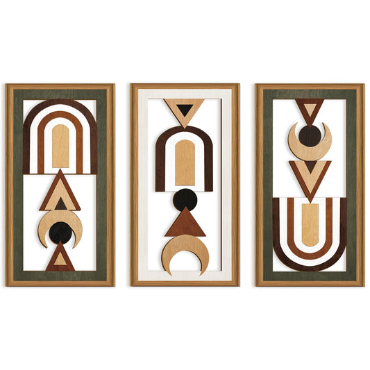 Ausril Geometric Aztec Wall Art,Minimalist Boho Geometric Wall Decor,Abstract Bohemian Wood Decor,Natural Modern Artwork,Mid Century Line Art Set,Modern Geometry Artwork for Living Room Bedroom Office