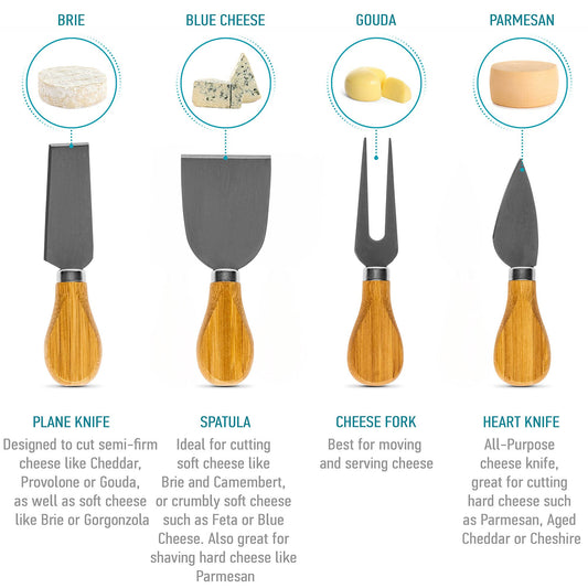Bamboo Cheese Board and Knife Set 14x11 inch – Wood Cheese Cutting Board, Serving Tray Platter, Charcuterie Board Set with 4 Cheese Knives – BlauKe®