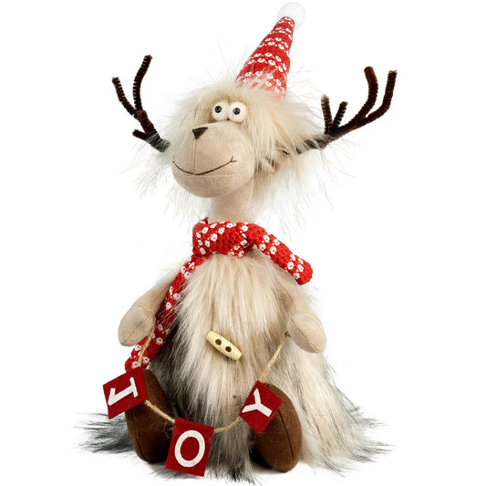 TACROART Reindeer Christmas Decoration – Plush Sitting Reindeer Figurine with Faux Fur Coat & JOY Banner, Rustic Tabletop Christmas Decor for Mantel, Shelf, or Gift Display