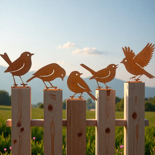 5PCS Rusty Metal Birds Decoration, Metal Birds Fence Decor, Outdoor Bird Wall Decor, Bird Silhouette Yard Art, Garden Sculptures & Statue Ornaments, Fence Decorations Outdoor, Rustic Garden Decor