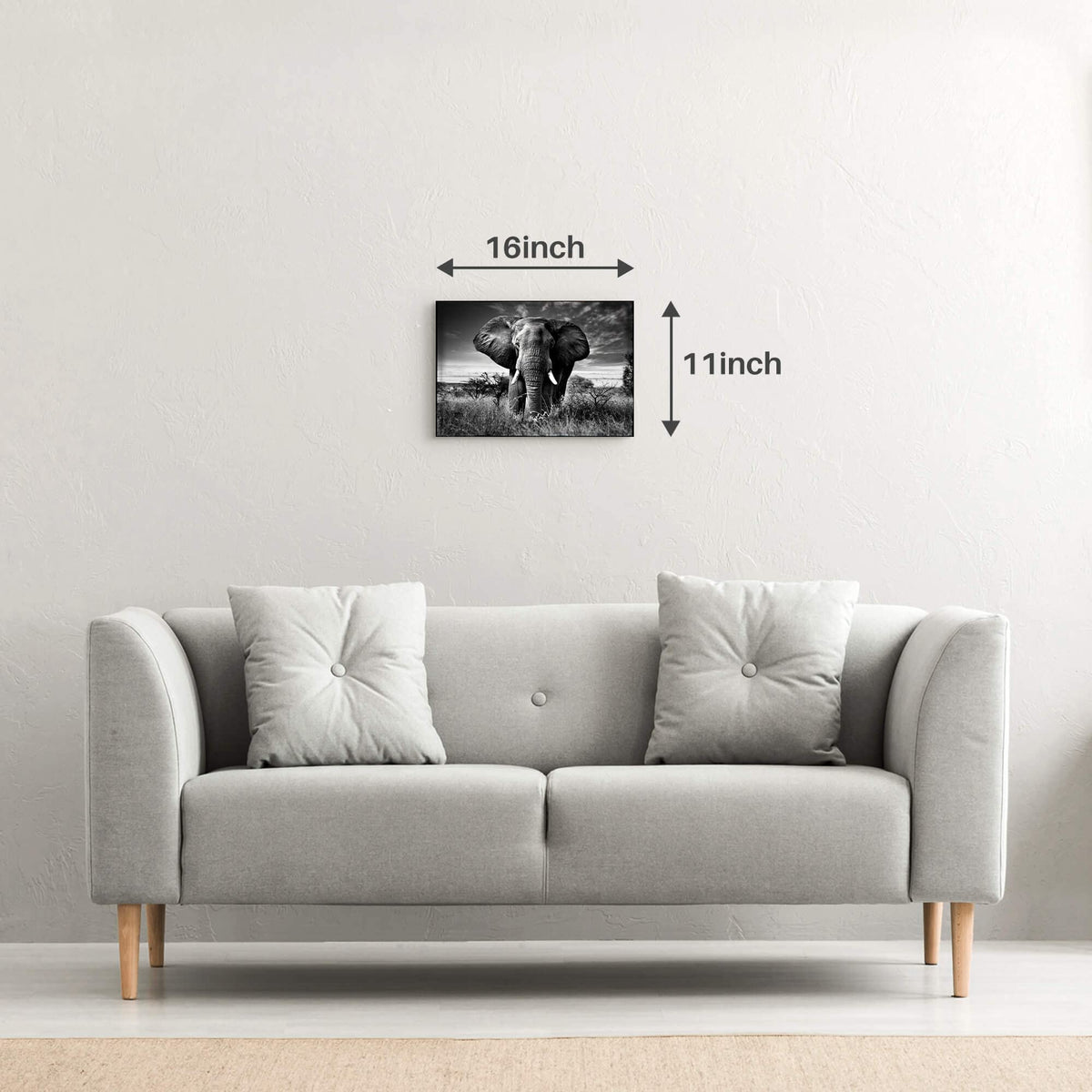 Elephant Black & White Wall Art - Rustic Canvas Painting - African Animal Picture - Natural Artwork for Bathroom & Bedroom Decor - 16x12 Inches