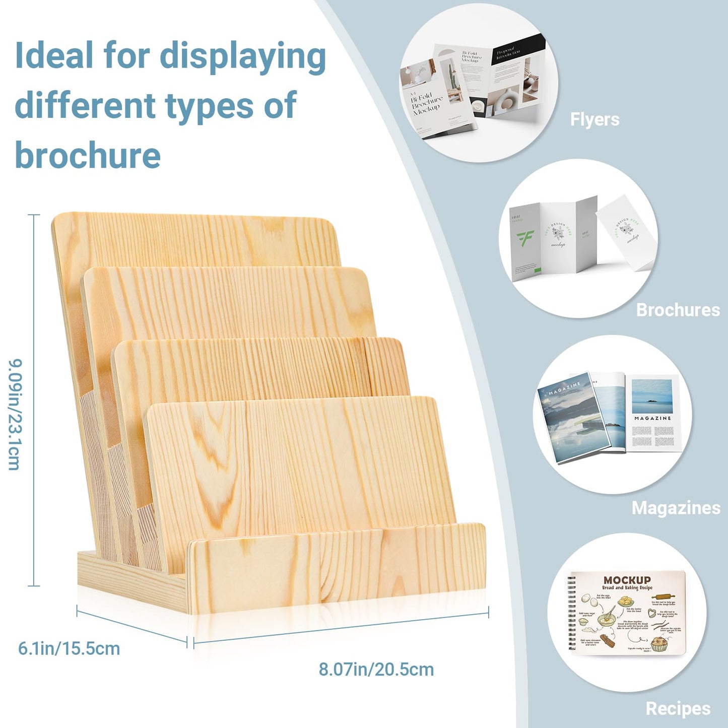 HKSZEH Pine 8.5×11 Inch Magazine Display Stand 4-Tier For 6×9 inch Literature Organizer Brochure Pamphlet Flyer Menu Holder Countertop Stand For Office Home