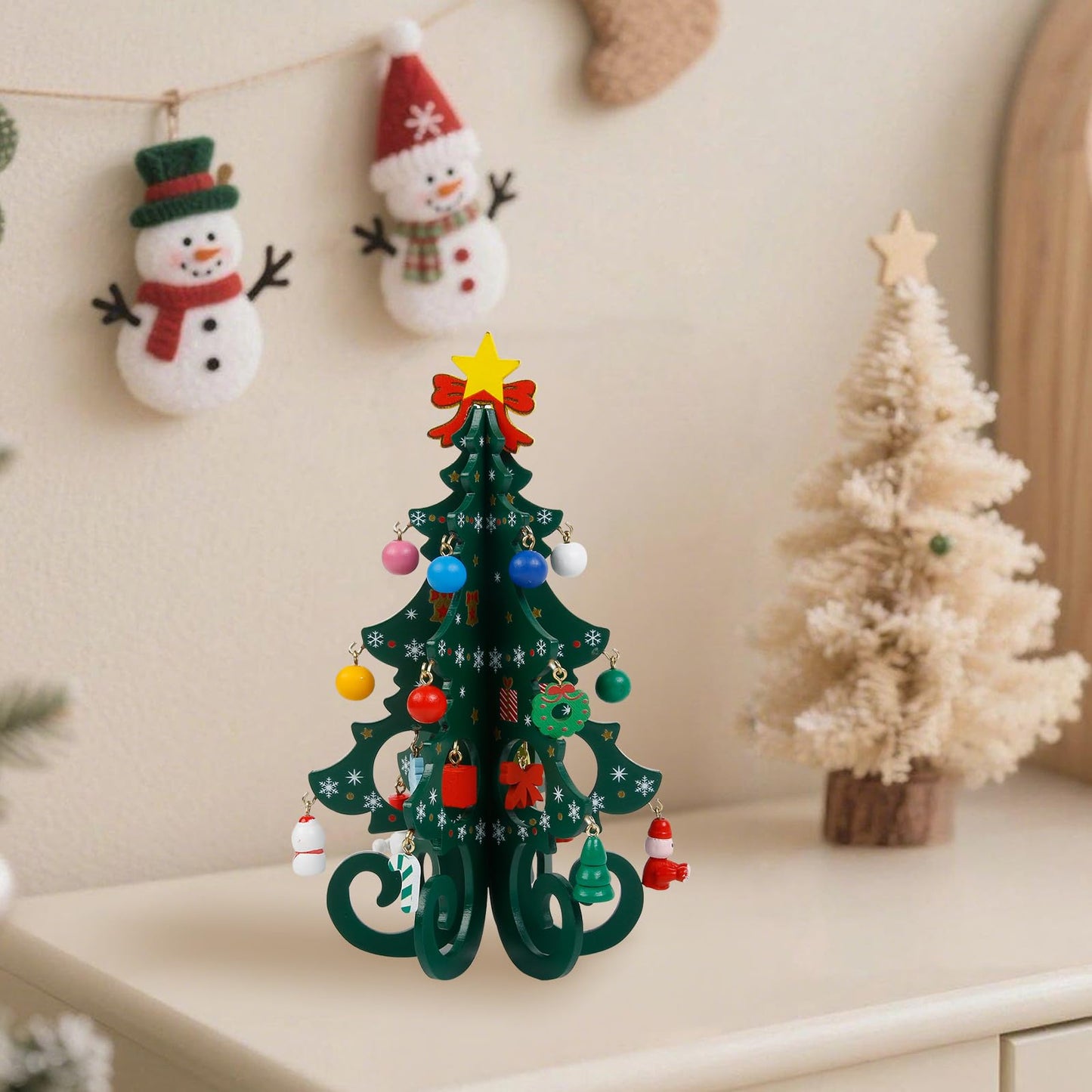 TEBIEKOY DIY Mini Wooden Christmas Tree with Ornaments Set, Cute 7 Inch Small Xmas Tree Kit with 24 Hanging Decorations New Year Parties Supplies, Easy Installing Holiday Craft Gift for Families