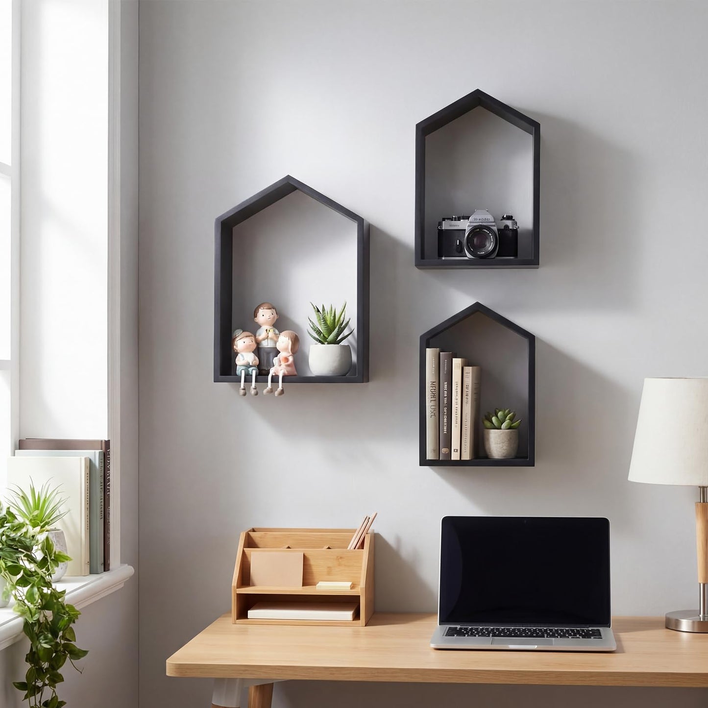 Threehoney 3 Set Wall Shelf 9.8 x 7.1 Inch Wooden Hanging Shelf Deep Display Storage Shelves Floating Shelves for Home Office Room Mini Figures Potted Plants Wall Decor(House,Black)