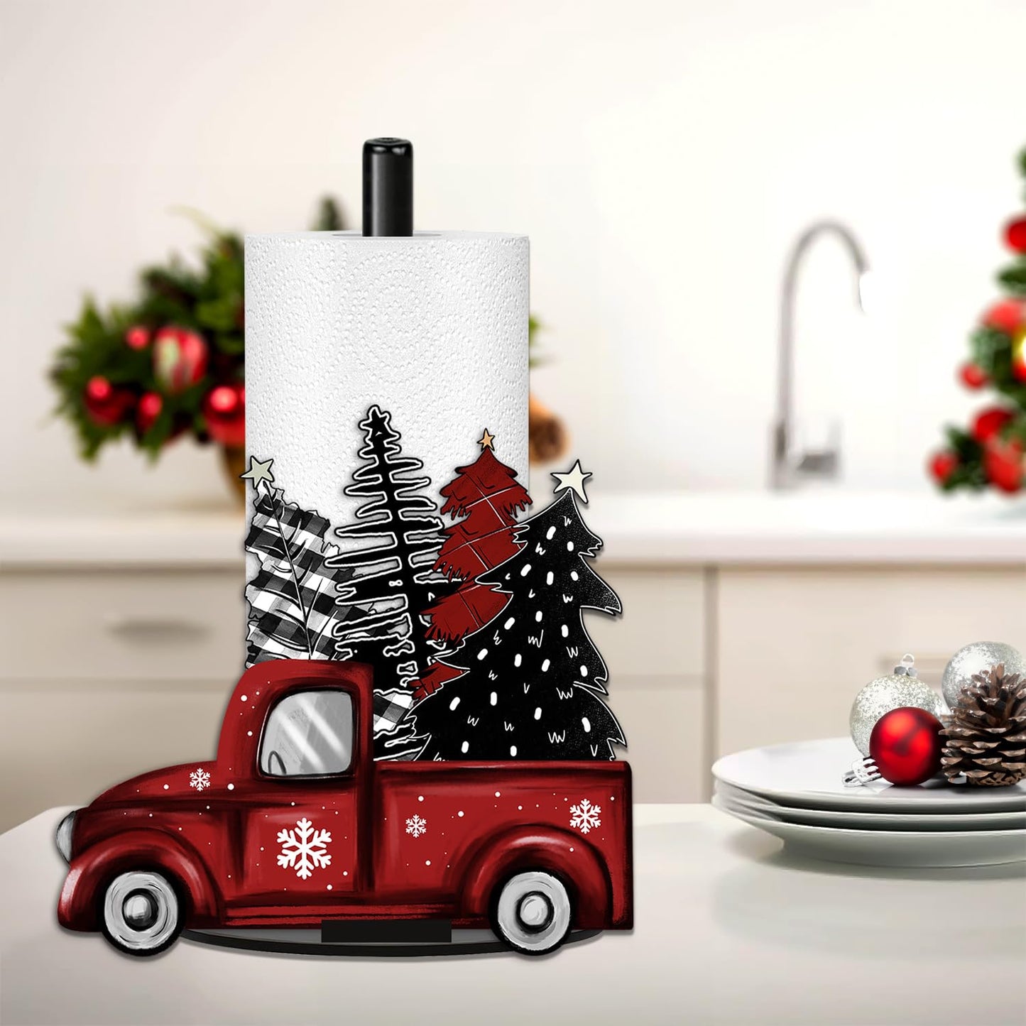 Christmas Paper Towel Holder, Red Truck Christmas Decor, Buffalo Plaid Christmas Tree Towels Paper Holder for Kitchen Countertop Bathroom Home Farmhouse, Winter Holiday Decoration Replaceable 2 Panels