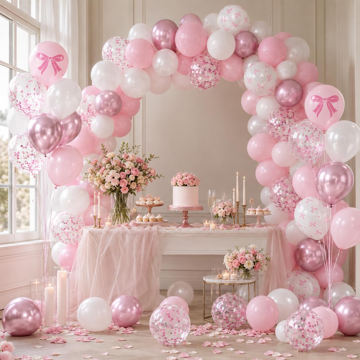 Pink Bow Balloons, 60pcs Pink and White Balloons, Bow Printed Balloon Metallic Confetti Balloon For Girls Women Princess Coquette Birthday Bridal Baby Shower Party Engagement Wedding Anniversary Decor