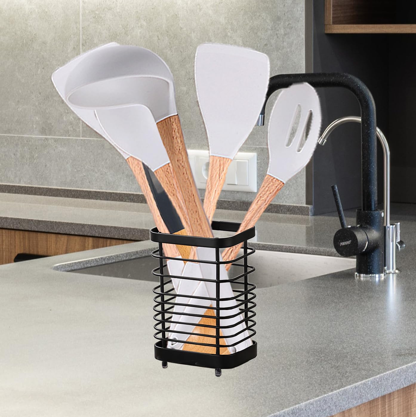 KEINEUX Utensil Holder Kitchen Countertop Organizer, Cutlery Drainer Sink Caddy Storage Drying Rack for Silverware Flatware and Cookware Stainless Steel(Black-L)