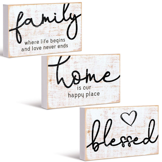 Jetec 3 Pcs Family Home Blessed Rustic Wood Sign Mini Wood Decorative Farmhouse Woodworks Table Shelves Decorations Sign for Bedroom Kitchen Living Room Table Decor(Retro Color,4.25 x 2.76 x 0.59 in)