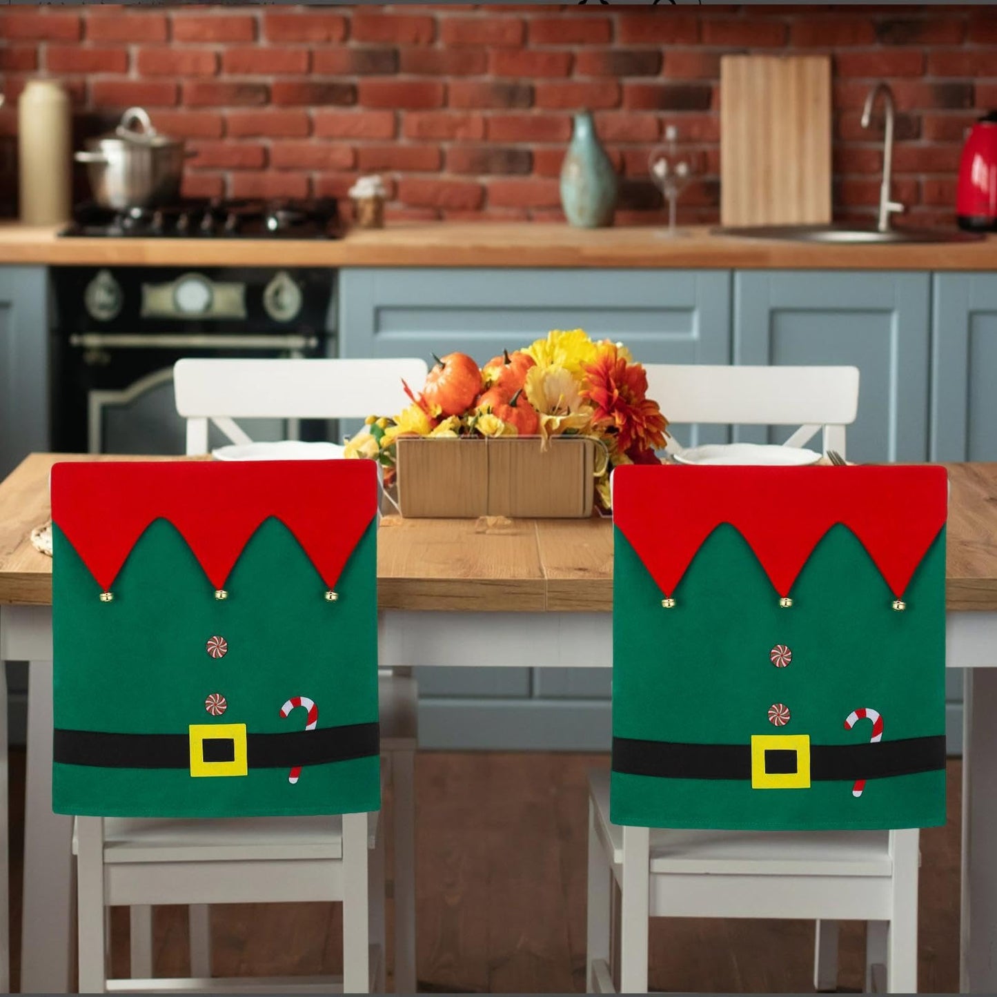 Slsxip Christmas Elf Chair Covers - Kitchen Dining Chair Back Decor with Jingle Bells, Candy Canes & Belt Buckle Design, Holiday Party Home Decorations, Set of 4
