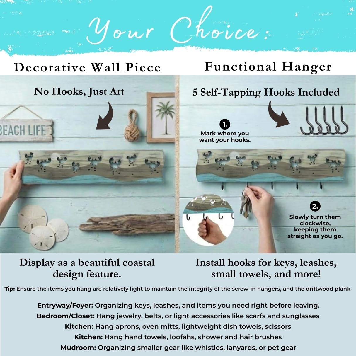 Crab Driftwood Wall Art & DIY Key Holder – Handmade Coastal Home Decor – 17.5" Genuine Weathered Wood Plank with 5 Removable Hooks for Keys, Leashes, and Jewelry – Beach House Entryway Organizer (Crab Parade)