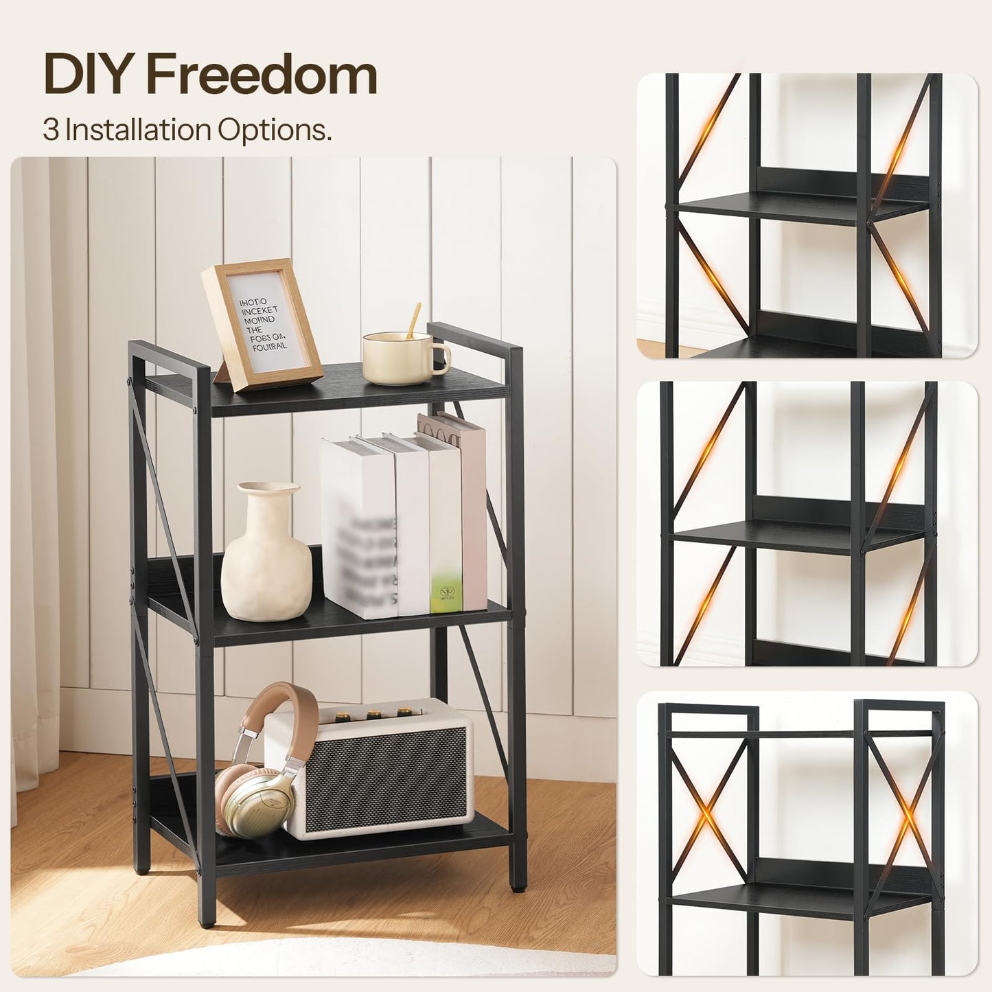 HOOBRO Bookshelf, 3-Tier Industrial Bookcase, Book Shelf Storage Organizer, Small Bookshelf with Metal Frame for Living Room, Bedroom, Home Office, Kitchen, Black BB71SJ01