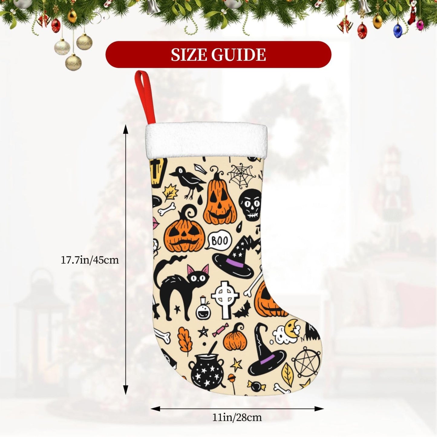 Halloween Cat Pumpkin Christmas Stockings Hanging Decoration Stockings 17.7 Inch Xmas Stockings for Fireplace Family Party Holiday Decor 1PCS