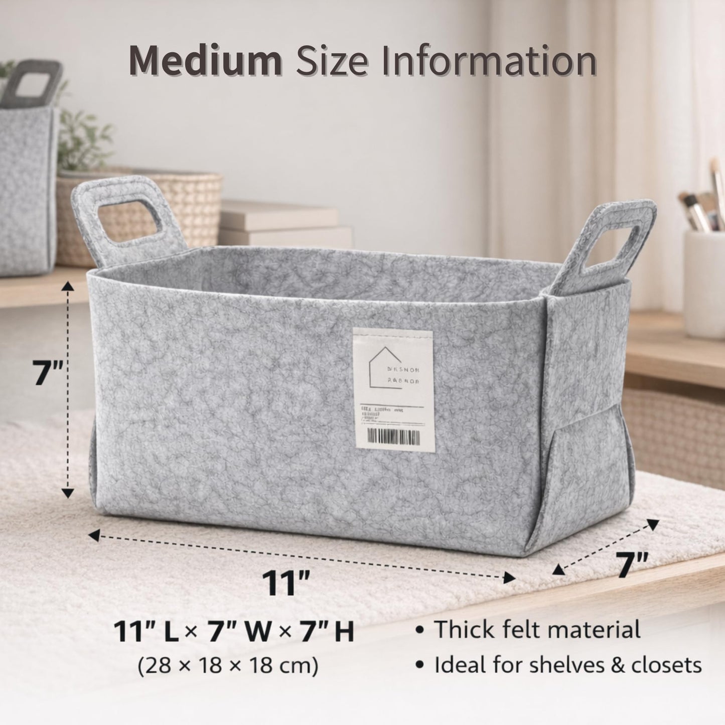Felt Storage Bin - Foldable Fabric Storage Basket with Handles, Multi-Purpose Storage Organizer for Shelves, Closet, Toys, Clothes, Blankets, Bedroom, Living Room & Nursery, BLACK, Medium