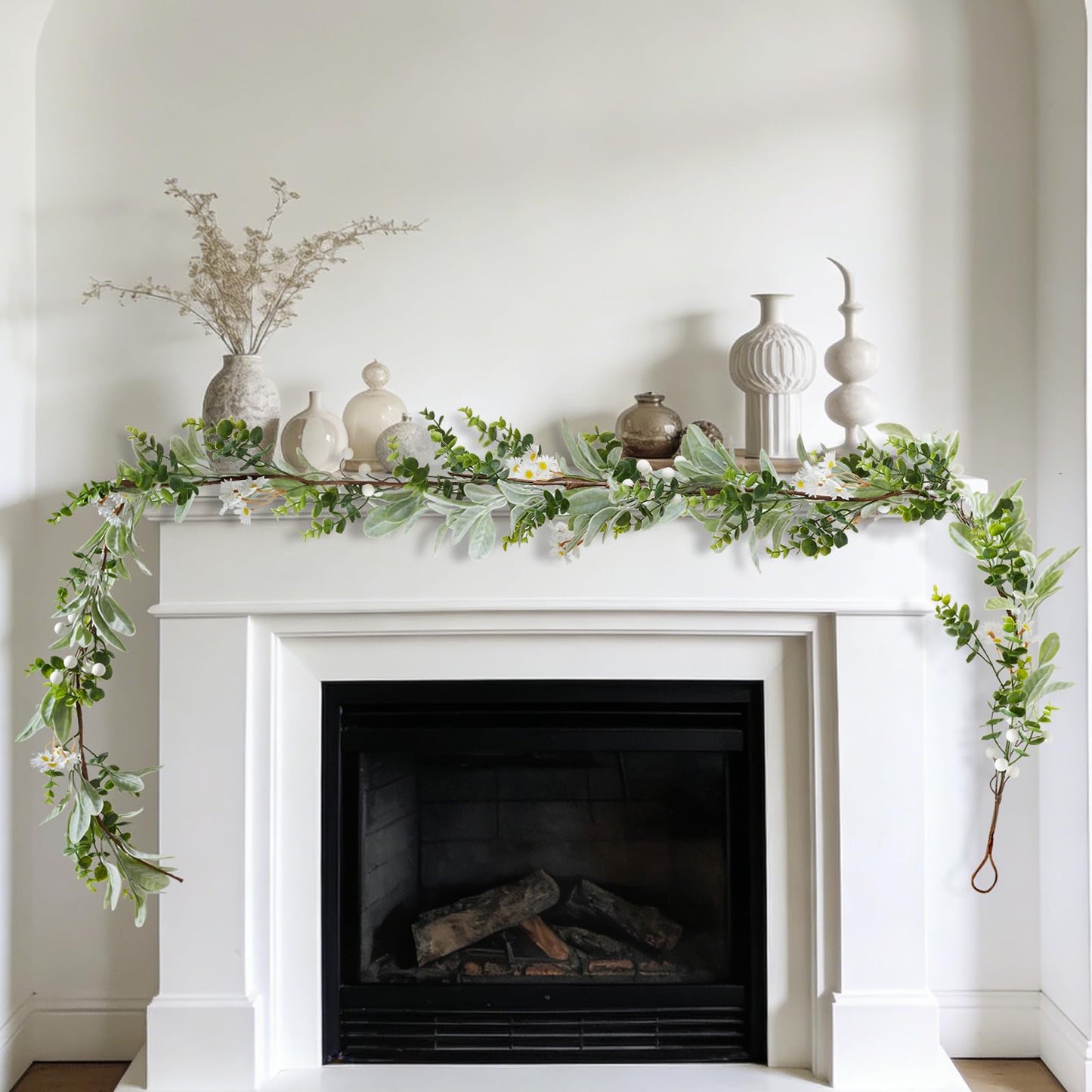Artificial Eucalyptus Garland 6FT with Flowers & White Berries – Faux Greenery Garland for Spring Wedding Mantle Table Indoor Outdoor Home Decor