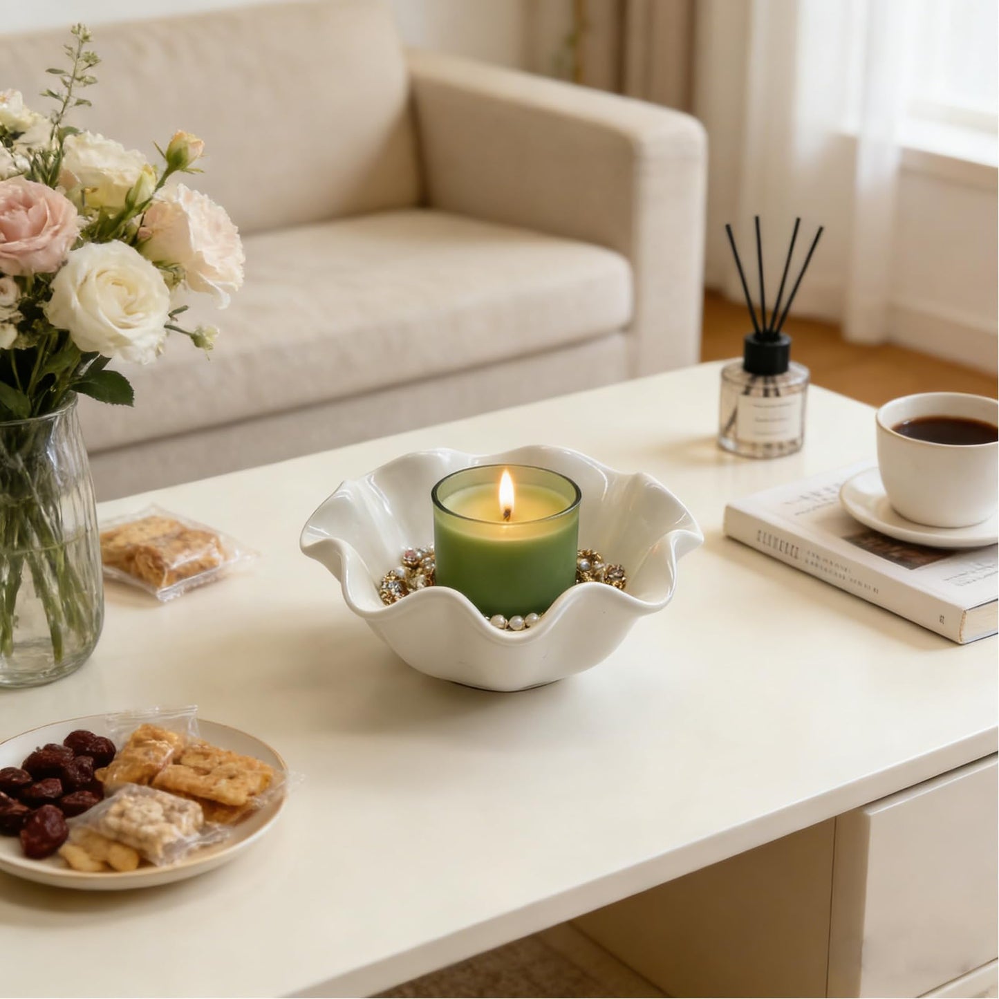 BROSEBEAQ Small Jewelry Tray, Ceramic Lotus Ring Dish, 3.5", White, Vanity Ring Holder, Trinket Dish (White)
