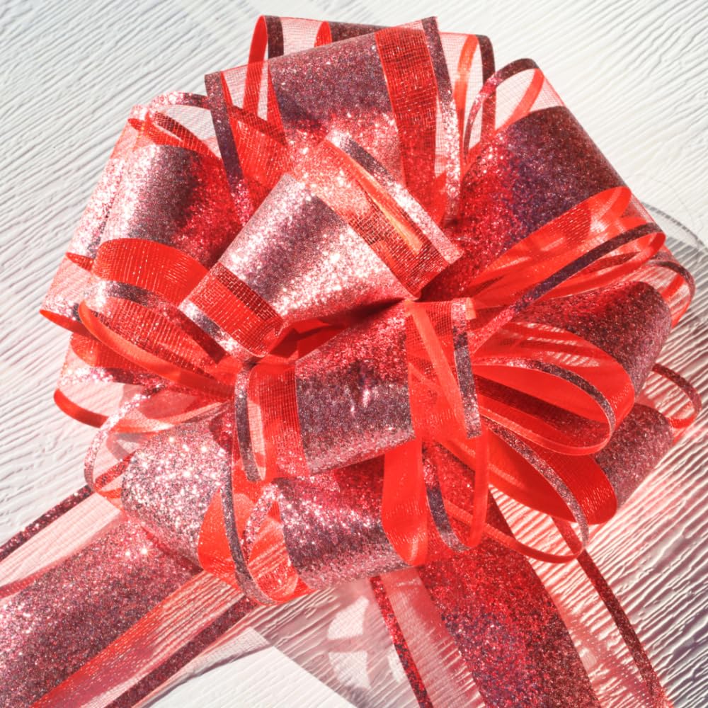 KLOVYRA Red Glitter Gift Bows– 6 Inch 6 Pack Romantic Pull Bows for Christmas Present, Valentine’s Day, Weddings, Birthdays & DIY Holiday Decorations