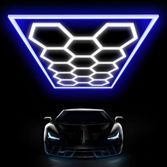 Ofenrd Large Hexagon Garage Lights 14 Hex LED Higher Brightness Lights with Blue Light Rectangle Frame Octagon Honeycomb Lighting for Garage Car Detailing Barber Shop Gym Warehouses.
