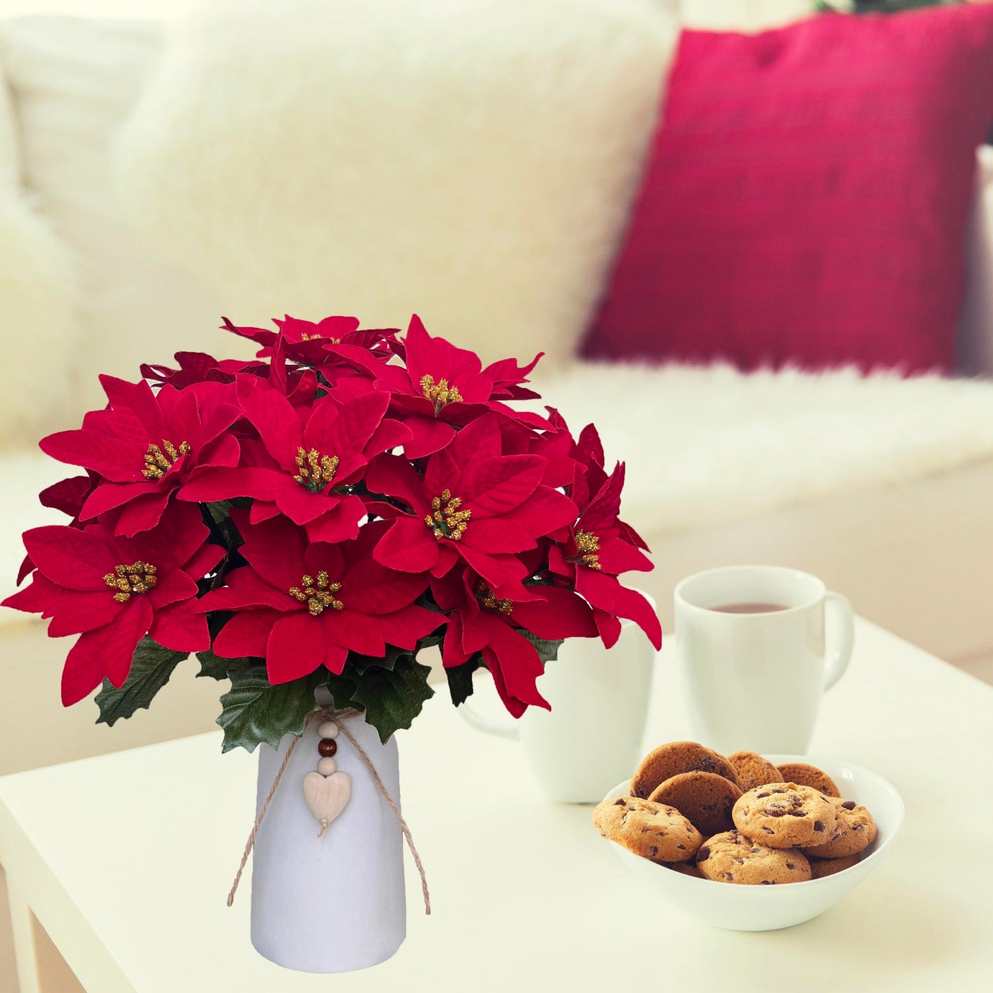 hopeme Artificial Red Poinsettia Christmas Flower Arrangement in Decorative White Vase, Holiday Floral Centerpiece with Heart Accent, Perfect Christmas Décor for Home, Office, or Gifts