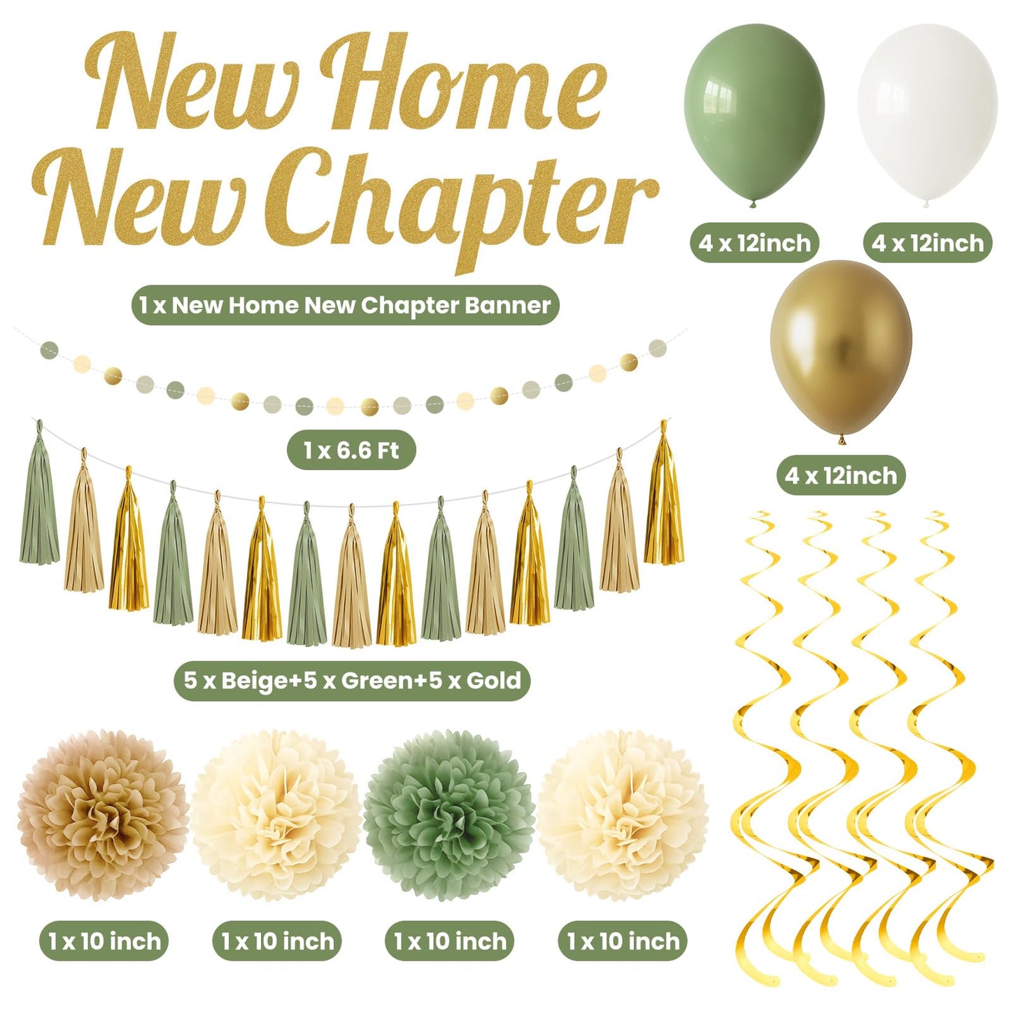 New Home New Chapter Housewarming Decorations Set, Sage Green Gold Boho Welcome Home Party Decor Kit with Banner, Balloons, Tassels & Garland