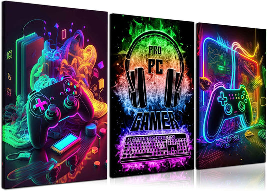 PPV 3Pcs Cool Gaming Wall Art Retro Video Gamer watercolor Posters Pictures Colorful Neon Gamepad Canvas Painting Prints for Boys Room Kids Gamer Room Bedroom for Boys Home Decoration 12x16in