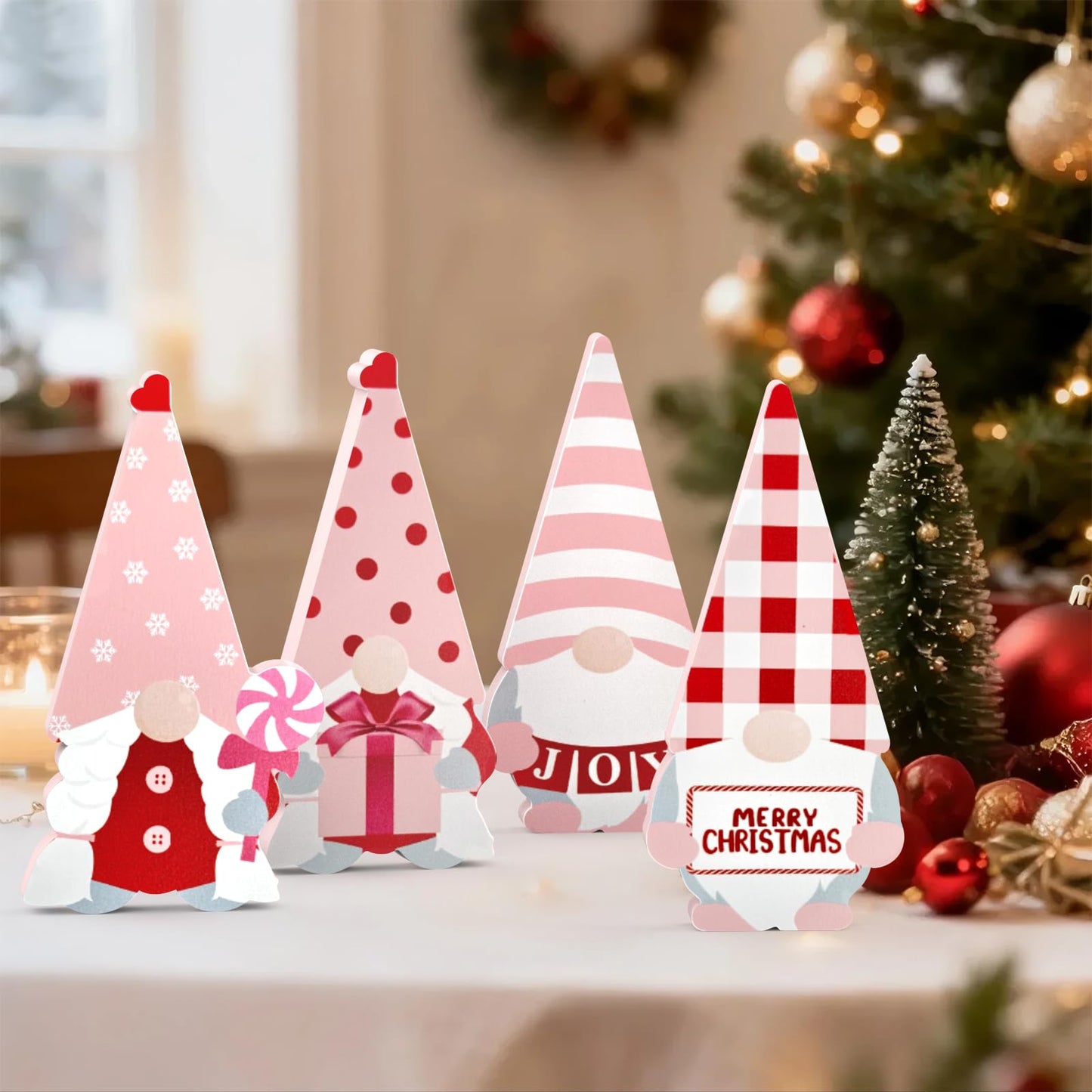 LXDNBGO Christmas Gnomes Decorations - Set of 4 Cute Pink Wooden Gnomes Decor, Christmas Table Decor Indoor for Home Office Bedroom Shelf Tiered Tray Desk Mantel
