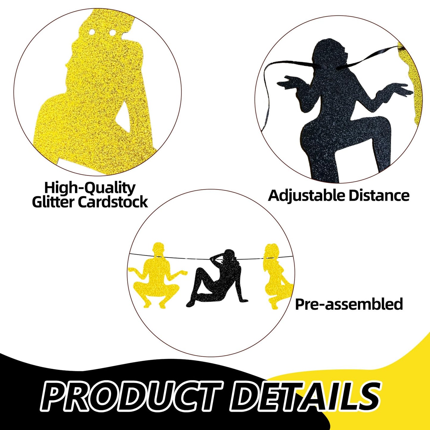 Black and Gold Women Silhouette Garland Banner, Hanging Glitter Dancer Cutouts for Bachelor, Birthday, Nightclub, and Party Decorations