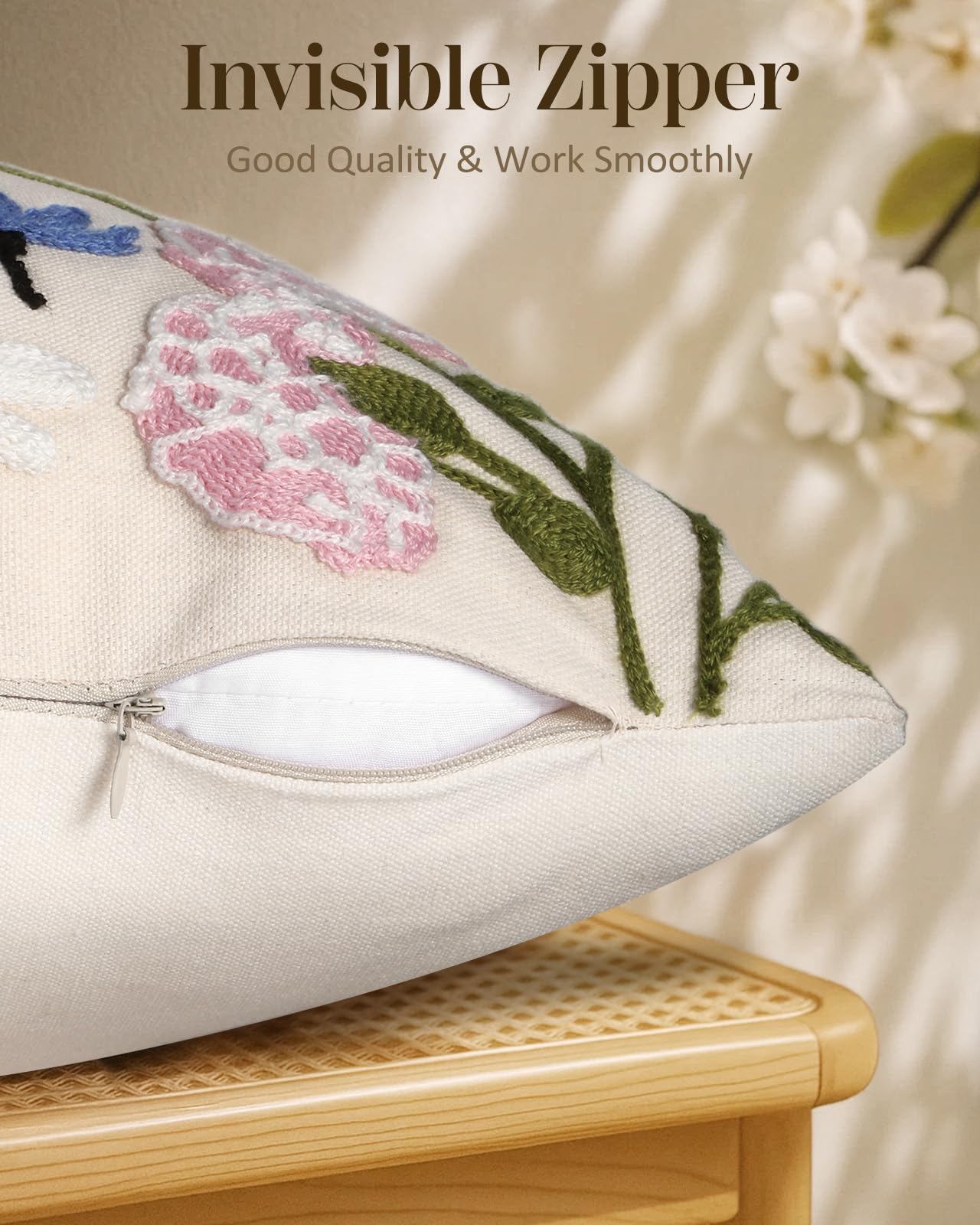 Kokaaee Embroidered Throw Pillow Cover 18x18 Inch - Spring Summer Boho Decorative Pillow Cover with Zipper for Living Room Couch Sofa Bed Aesthetic Design Retro Flower Cushion Pillowcase