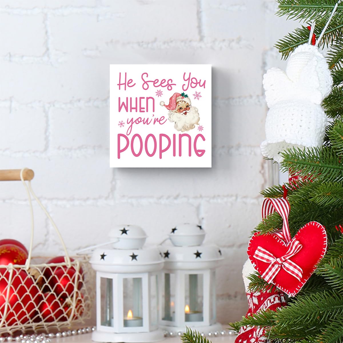Funny Christmas Bathroom Decor, Pink Christmas Decoration, Funny Gift Decorations for Bathroom, Wooden Box Sign for Home Farmhouse Office Living Room Table Shelf Tiered Desk Decor