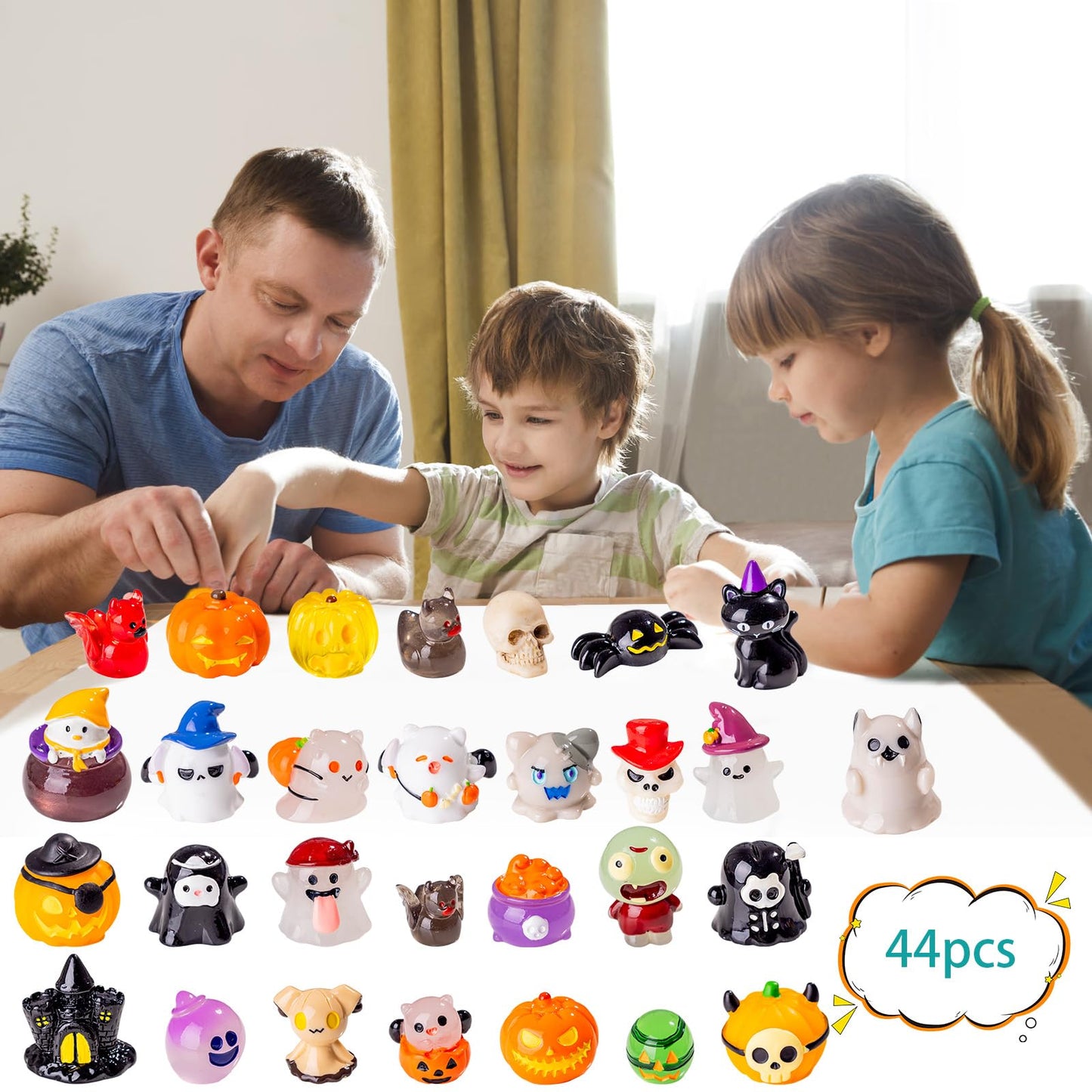 Teenzee 44P Mini Halloween Figurines Tiny Figures Resin Miniature Little Small Figurines Bulk for Micro Fairy Garden Landscape Accessories Hide Crafts Decor