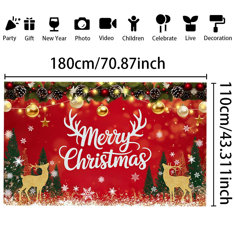 CRAFTYMELODY Large Merry Christmas Banner 70×43 Inch Red Christmas Wall Banner Santa Deer Snow Backdrop Winter Yard Sign Indoor Outdoor with Grommets 3.2 Yard String for Party Decoration Supplies