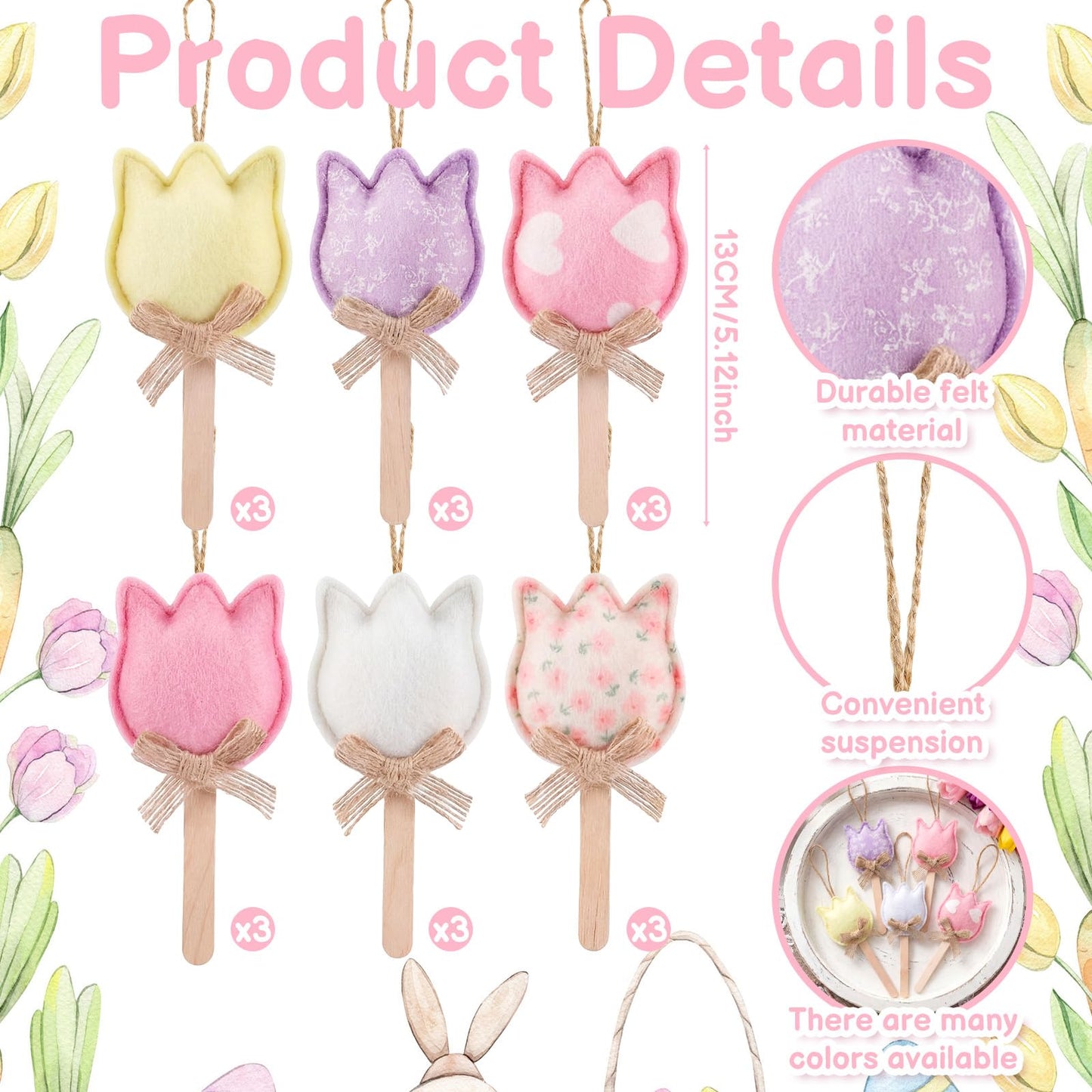 HunnmingRe 18 Pcs Spring Tree Ornaments Felt Tulip Flowers Hanging Spring Ornaments Flower Tree Decorations for Summer Party Home Door Wall Mantel Arts Crafts Gifts
