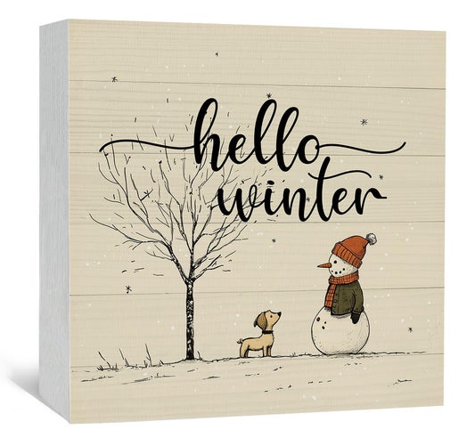 Nitelat Hello Winter Sign, Winter Decorations for Home, Christmas Snowman Snowflake Wooden Box Sign, Snowman Christmas Wood Signs for Home Office Desk Table Shelf Decor, 5x5 Inch